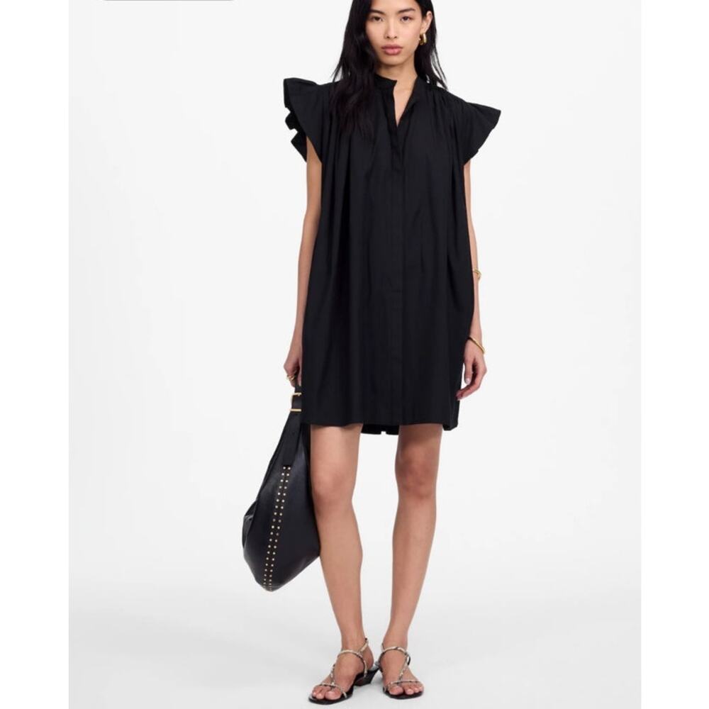 NWT Madewell Flutter Sleeve Button Front Mini Dress in Poplin‎ Black Size XS